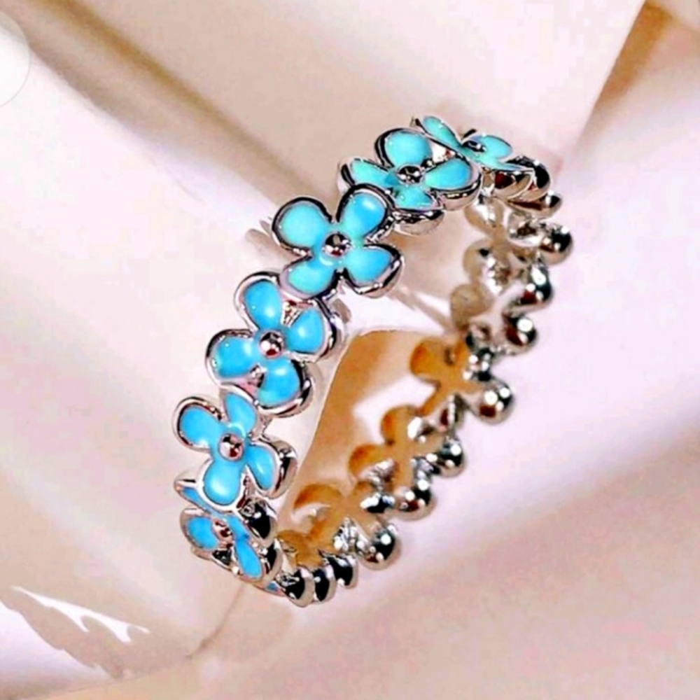 Blue Flower SILVER Ring - Size 7 & 8
